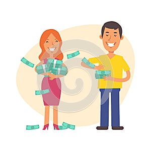 Man showered money on woman. Vector characters