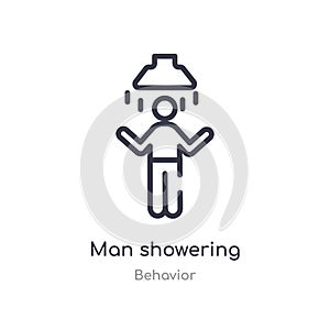 man showering outline icon. isolated line vector illustration from behavior collection. editable thin stroke man showering icon on