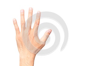 Man showing back hand and five finger count on white background