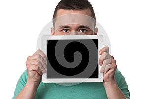 Man Showing Blank Tablet Pc On White Background