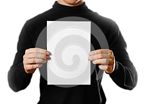 Man showing blank white flyer brochure booklet. Leaflet presentation. Pamphlet hold hands. Man show clear offset paper