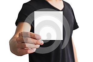 Man showing blank white square flyer brochure booklet. Leaflet p