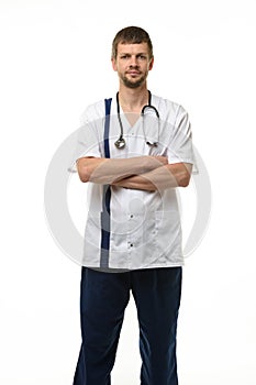 Man showing doctor`s clothes, front view, isolated on white background