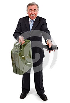 Man showing gas can and empty wallet