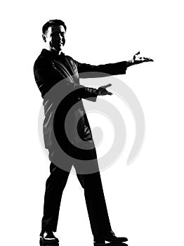 Man showing gesture introducing presentation photo