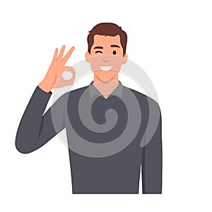 Man is showing a gesture Okay, ok. Vector illustration in cartoon style