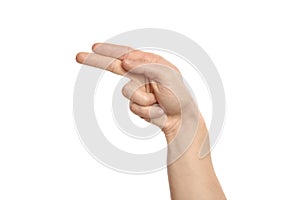 Man showing H letter on white background, closeup.