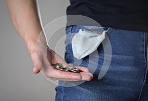 Man showing hands with money. Bankruptcy financial crisis and poverty concept. Close up