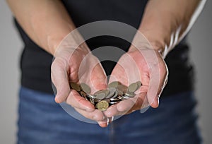 Man showing hands with money. Bankruptcy financial crisis and poverty concept. Close up