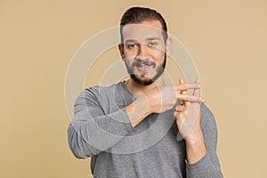 Man showing hashtag symbol with hands, likes tagged message, popular viral content, sign to follow