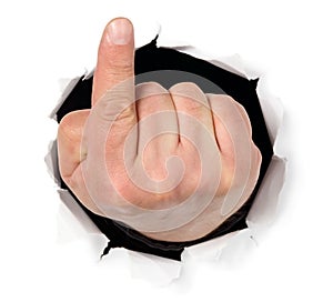 Man is showing his fingers through a hole