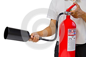 A man showing how to use fire extinguisher isolated over white