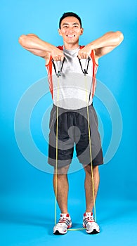 Man showing how to use tubing to strengthen