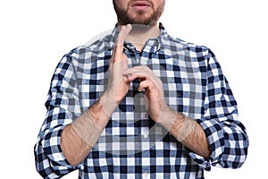 Man showing JESUS in sign language on white, closeup