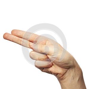 Man showing letter H isolated on white background, closeup. Finger spelling alphabet in American Sign Language. ASL concept