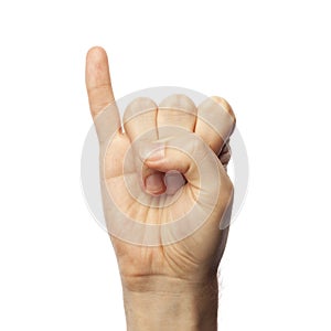 Man showing letter I isolated on white background, closeup. Finger spelling alphabet in American Sign Language. ASL concept