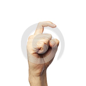 Man showing letter X isolated on white background, closeup. Finger spelling alphabet in American Sign Language. ASL concept
