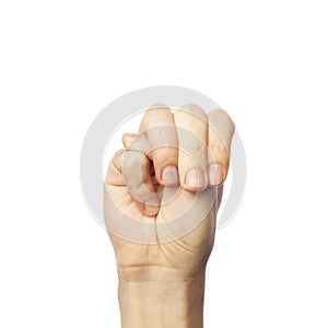 Man showing letter M isolated on white background, closeup. Finger spelling alphabet in American Sign Language. ASL concept
