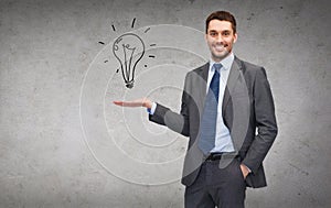 Man showing light bulb on the palm of his hand