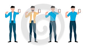 Man showing mobile screen, flat character vector illustration set