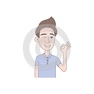 Man showing OK gesture. A young man smiles with giving Okay sign. Hand drawn illustration in cartoon style.