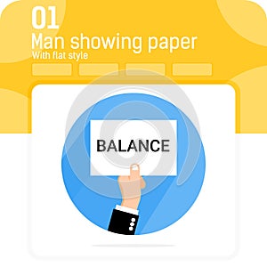 man showing paper BALANCE text vector illustration with flat style isolated on white background