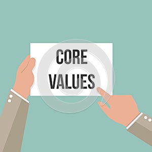 Man showing paper CORE VALUES text photo