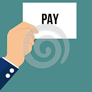 Man showing paper PAY text