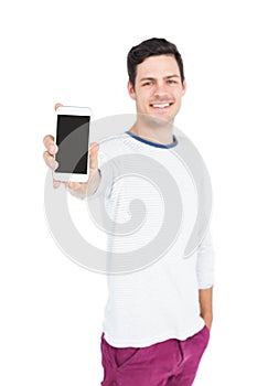 Man showing phone to camera