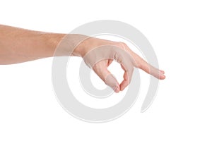 Man showing pinch gesture on white background, closeup