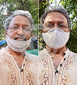 Man showing the right and wrong way of wearing mask