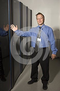 Man showing server room