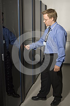 Man showing server room