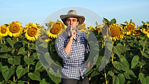 Man showing silence gesture in cowboy hat and in a bright field where yellow sunflowers are blooming