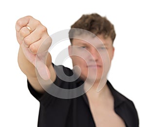 Man showing thumb down on white background