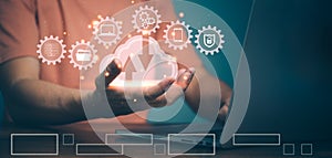 Man showing virtual screen with cloud computing diagram. Cloud technology. Data storage. Networking and internet service.