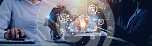 man showing virtual screen with cloud computing diagram. Cloud technology. Data storage. Networking and internet service concept