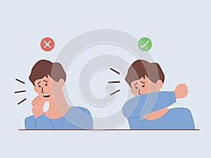 Man showing the way to coughing and Sneezing correctly and incorrectly when you don`t wear a mask.