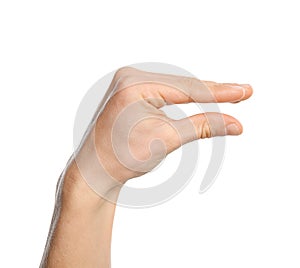 Man showing word no on white background, closeup.