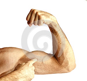 A man shows arm strength.