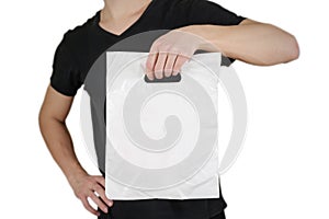 Man shows blank plastic bag mock up isolated on white background