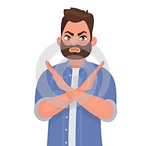 Man shows a gesture no or stop. Vector illustration