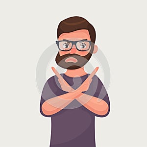 Man shows a gesture stop or no. Vector illustration in cartoon style