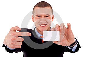 Man shows his business card