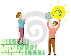 Man shows light bulb to girl as symbol of new idea. Businesswoman standing on stairs made of bills
