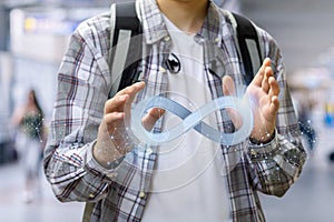 Man shows a sign of unlimited Internet. photo