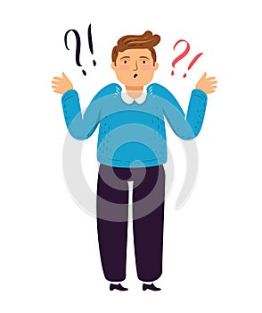 Man shrugs in disbelief. Unclear, question flat cartoon vector illustration photo