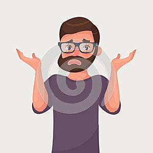 The man shrugs and spreads his hands. Vector illustration in cartoon style.