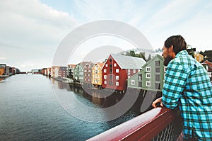 Man sightseeing Trondheim city from bridge in Norway