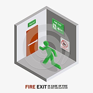 Man sign run to fire exit isometric